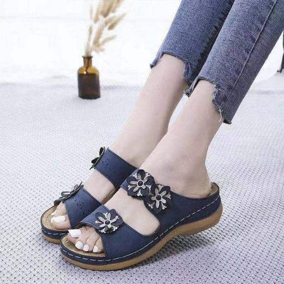 Kukoosong Flat Sandals Women Flip Flops for Women Wedge Slide Slippers Women Outdoor Slippers Pearl Chain Soft Sole Blue Size 36