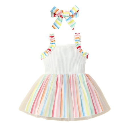 

Glonme Newborn Swing Hem Casual Party Dress Rainbow Print Sundress Mesh Travel Slip Dresses