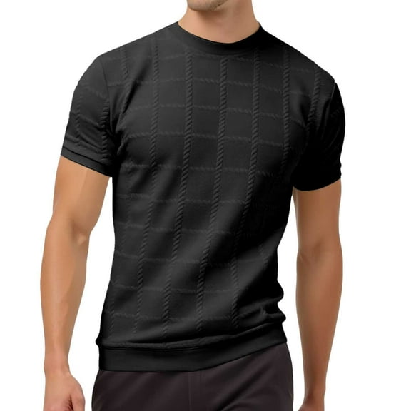 Afdoent Mens T-Shirt Male Summer Fashion Jacquard Knit Shirt Crew Neck Ribbed Pullover Top Streetwear