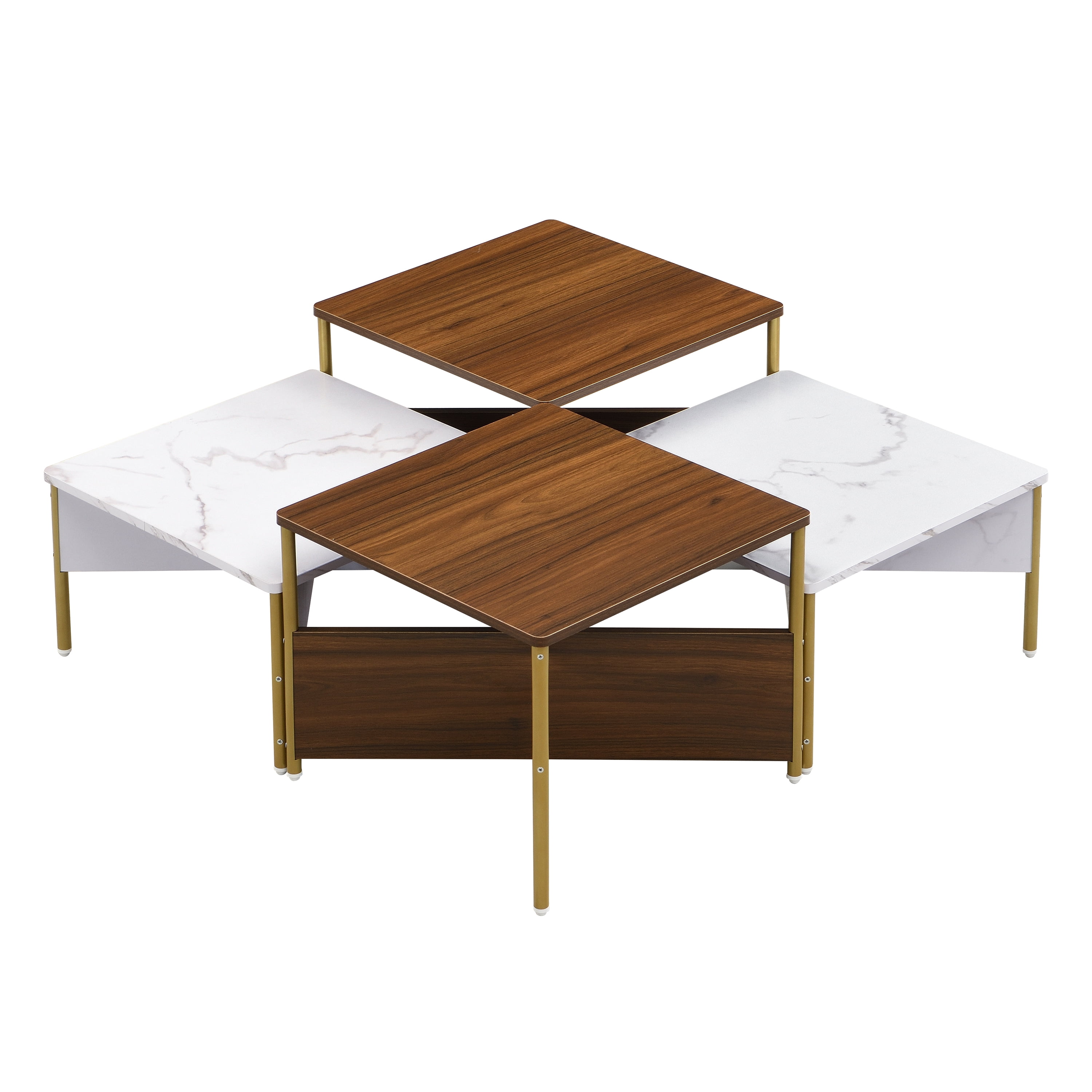 Euroco Modern Nesting Coffee Tables Set of 4 -Mid Century Modern Square Living Room Table, Free Adjustable Shape,Versatile and Stylish Accent Furniture for Your Living Room White & Walnut Color