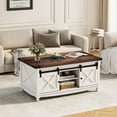 thumbnail image 3 of Flycity 48" Farmhouse Lift Top Coffee Table with Storage Sliding Barn Door, Lifting Tabletop Rustic Center Table with Large Hidden Compartment for Living Room, White & Brown, 3 of 8