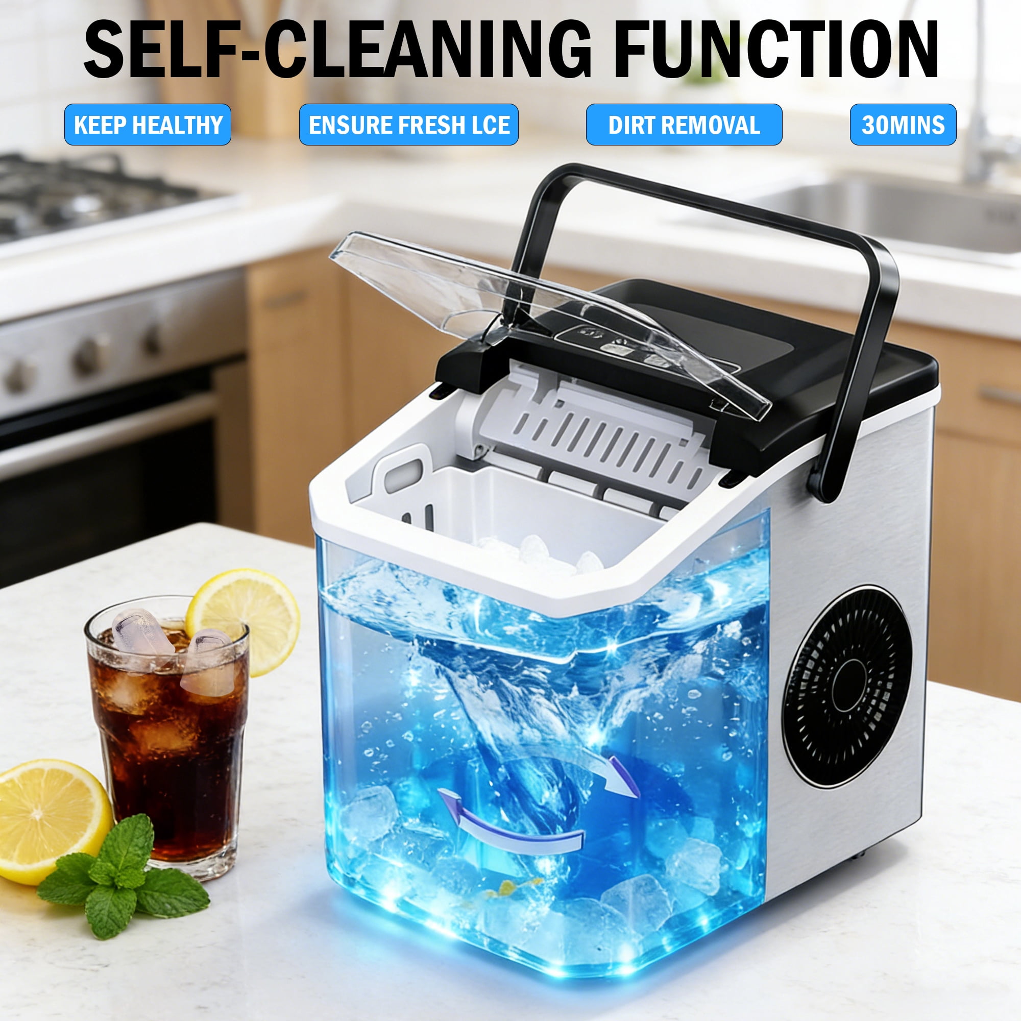 Countertop Ice Maker Machine, 26lbs/24H Portable Ice Maker with Self-Cleaning, 9 Bullet Ice Cubes Ready in 6 Mins, Quiet Ice Machine with Handle, Basket and Scoop for Home, Kitchen, RV