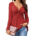 thumbnail image 3 of Women Long Sleeve Slim Fit V-neck Solid Color Knot Shirt Tops, 3 of 4