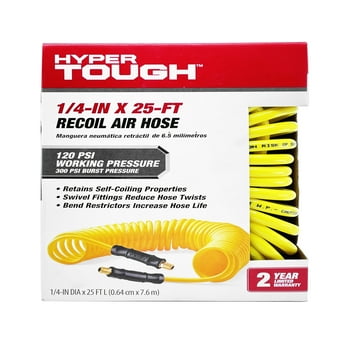 HyperTough PU Recoil Air Hose 1/4in x 25ft, Light & Flexible, Yellow