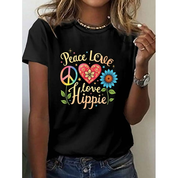 Women's Peace Love Hippie Graphic T-Shirt - Short Sleeve Crew Neck Casual Top with Vibrant Peace Symbols, Floral & Geometric Print, Medium Stretch Machine-Washable, Casual Attire, Comfortable Fit