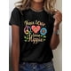 thumbnail image 1 of Women's Peace Love Hippie Graphic T-Shirt - Short Sleeve Crew Neck Casual Top with Vibrant Peace Symbols, Floral & Geometric Print, Medium Stretch Machine-Washable, Casual Attire, Comfortable Fit, 1 of 6