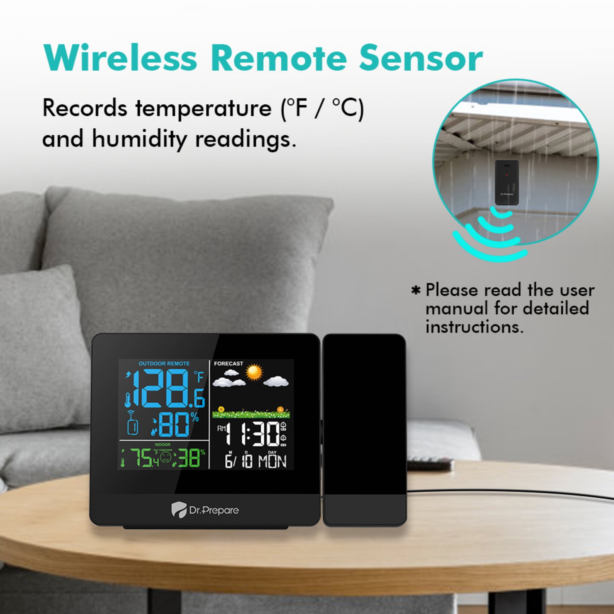 Dr. Prepare Projection Alarm Clock, Digital Clock Projector on Ceiling with Indoor/Outdoor Temperature Display, Dual Alarms, Colored Backlight, Weather Forecast for Bedroom