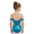 thumbnail image 4 of Doomiva Kids Girls Sparkly Rhinestone Short Sleeve Gymnastics Leotard Skating Jumpsuit Tumbling Bodysuit Biketard Light Blue 12, 4 of 5