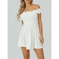 thumbnail image 2 of SUNSIOM Women Summer Short Dress, Solid Color Ruched Bust Boat Neck Off Shoulder Puff Sleeve A-Line One Piece for Ladies, 2 of 8