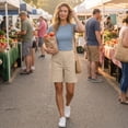 thumbnail image 7 of Linen Shorts for Women Dress Shorts High Waisted Wide Leg Summer Casual 2026 Beach Vacation Bermuda Khaki Shorts Cropped Pants with Pockets Beige L, 7 of 7