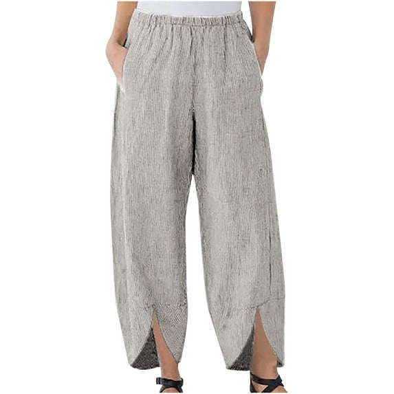 QUYUON Women's Casual Pants & Capris Fashion Casual Spring And Summer Solid Color Stripe Long Wide Leg Trousers Womens Plus Size Capris Female Capris Style Q917 , Gray Medium