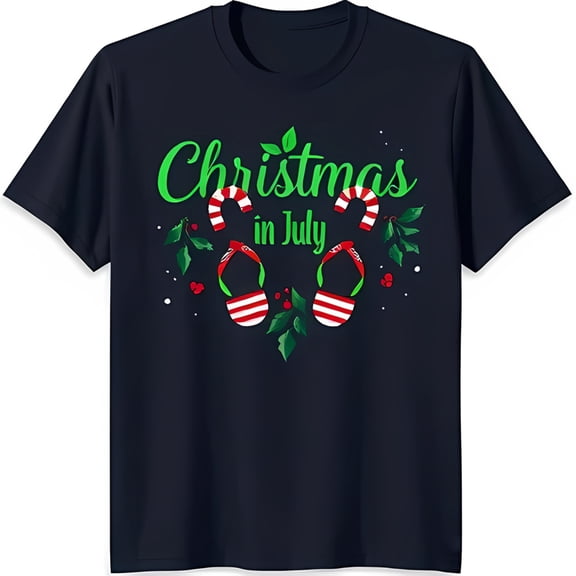 Christmas in July Black T-Shirt with Festive Holly & Flip Flops Design