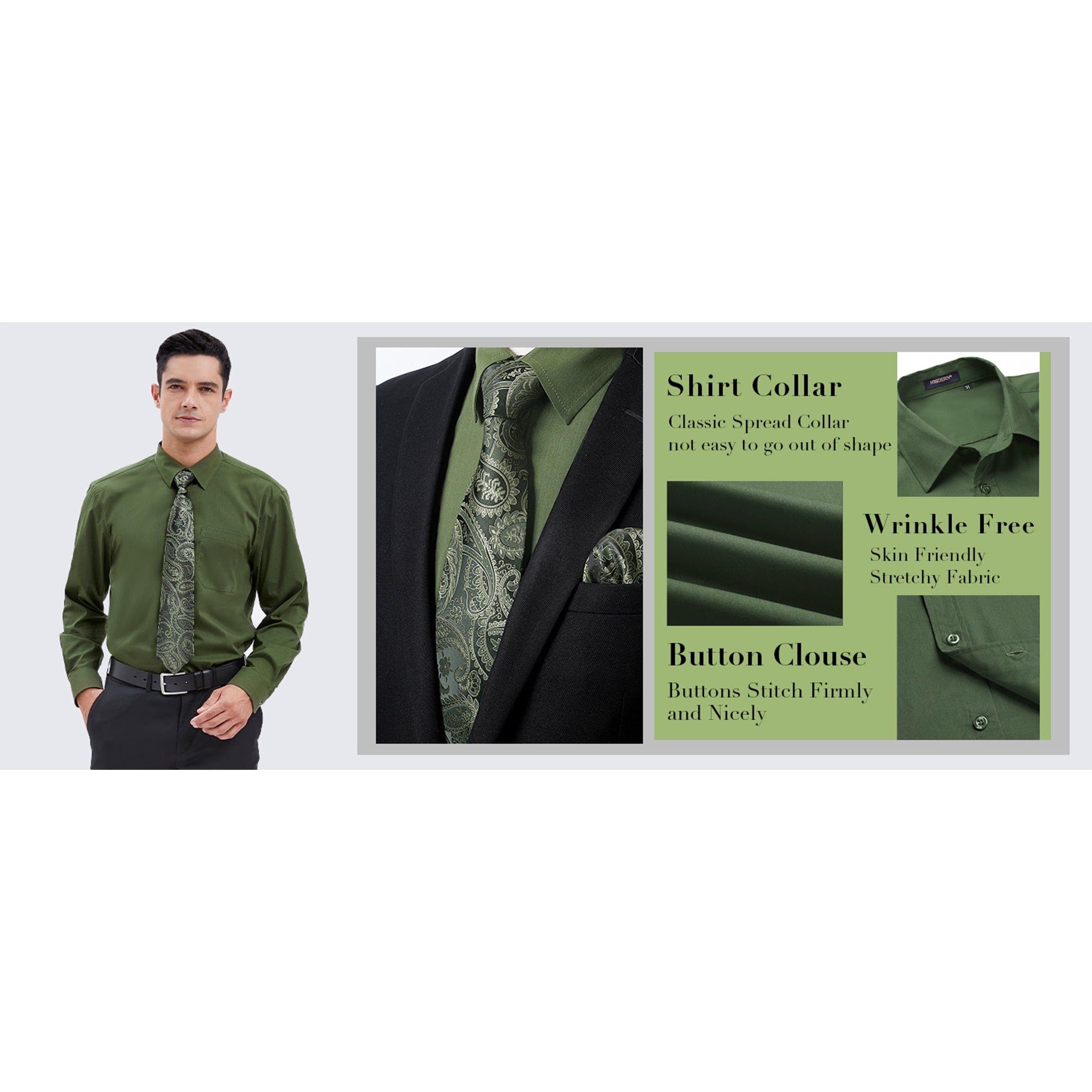 Hisdern Wrinkle-resistant Green Army Dress Shirt and Paisley Tie L