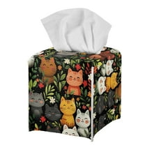 Psesaysky Tissue Box Cover, Cute Cats Floral Square Tissue Box Holder with Bottom Belt - Waterproof PU Leather Decorative Organizer for Tabletop, Bathroom, Car, Office