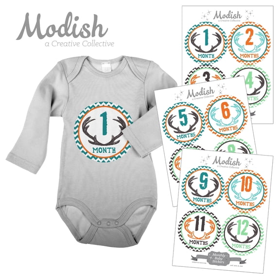Monthly Baby Stickers, Boy, Antlers, Deer, Woodland, Orange, Teal, Mint, Brown, Baby Photo Prop, Baby Shower Gift, Baby Book Keepsake, Modish Labels