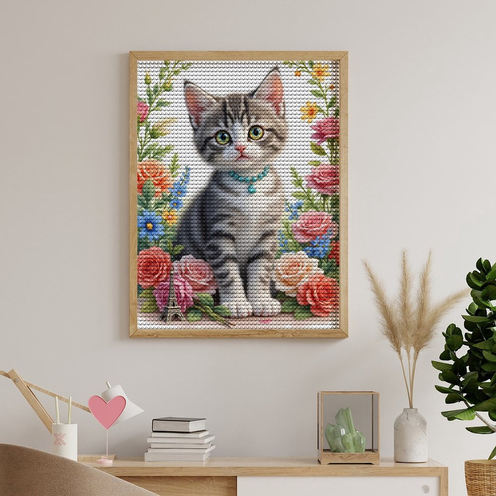 Diamond Art Kits for Adults, Kitten Floral Necklace Paris Flowers 5D Diamond Painting Kits for Adults Beginners, DIY Full Drill Diamond Painting, Gem Art and Crafts 12x16
