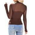 thumbnail image 4 of hlysgo Womens Mesh Sheer Long Sleeve Top Mock Turtle Neck Shirts Ruched Casual Going Out Blouses Brown,L, 4 of 5