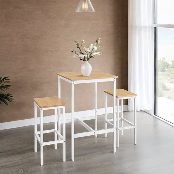 LEDREM Modern Square Bar Table Set with 2 Stools, Compact 2-Person Dining Pub Set, Sturdy & Space-Saving Design, Golden Oak & Cloud White