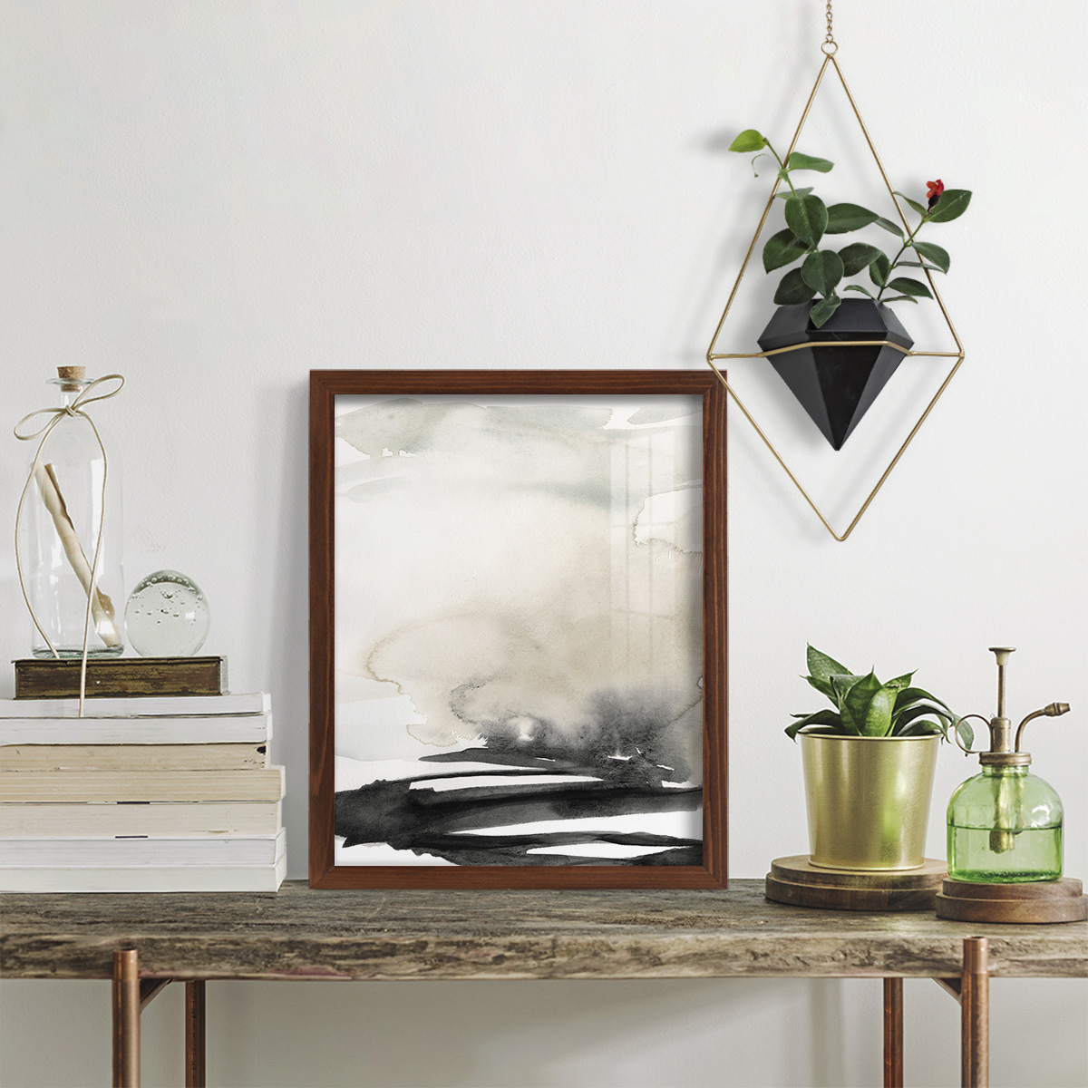 Ebony Horizon Triptych I - Framed Print w/glass - Chestnut