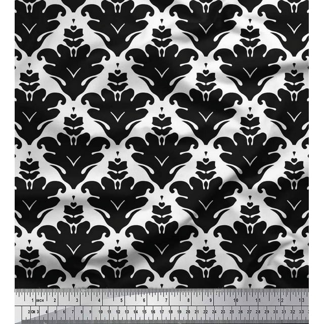 Soimoi Black polyester Crepe Fabric Ornate Filigree Damask Fabric Prints By Yard 52 Inch Wide