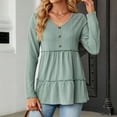 thumbnail image 2 of Dressy Casual Shirts Ladies Fall V Neck Buttons Ruffle Cute Babydoll Tops Crochet Textured Plain Pullovers (X-Large, Green 01), 2 of 5