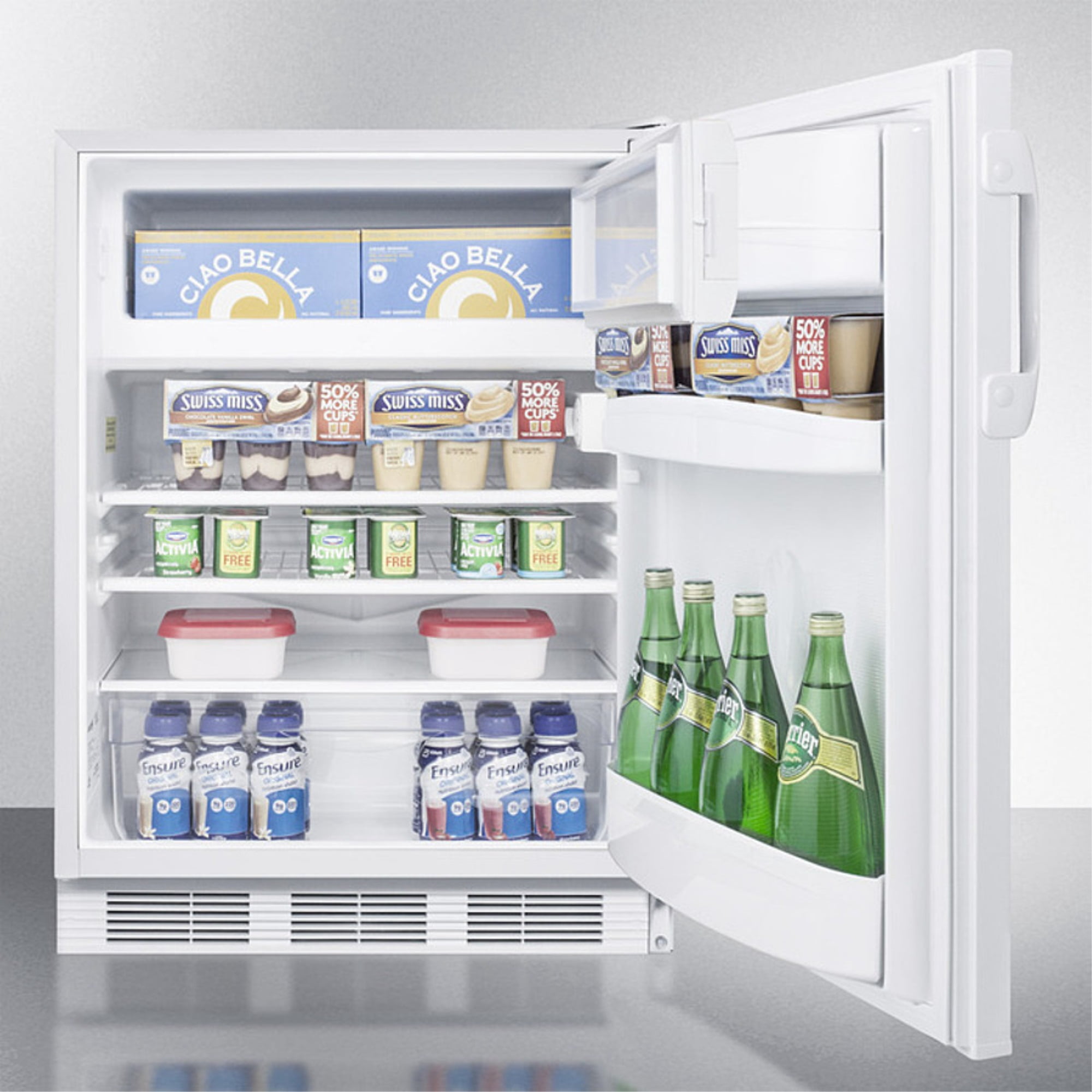 Freestanding ADA compliant refrigerator-freezer for general purpose use, with dual evaporator cooling, cycle defrost, lock, and white exterior