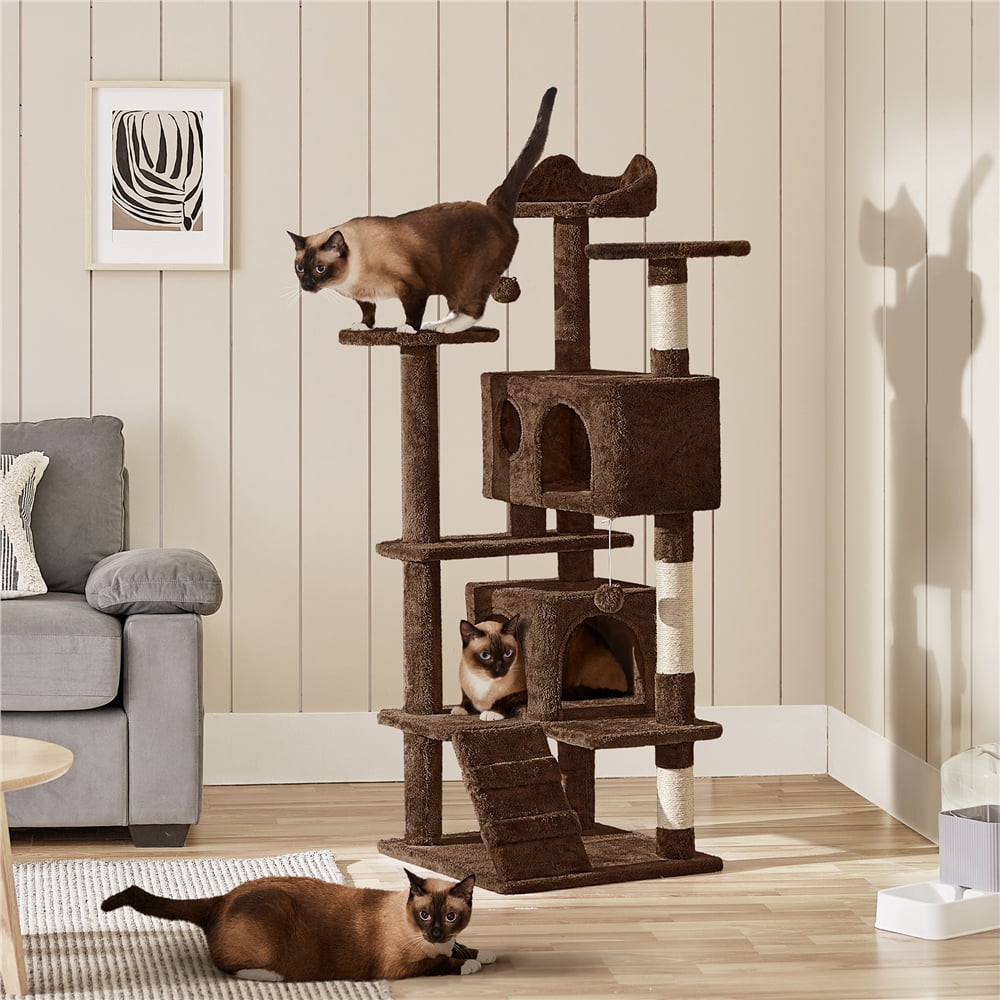 Yaheetech 53.9" H Cat Tree with Double Condos, Scratching Posts & Ramp, Brown