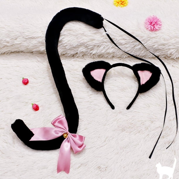 Juego de orejas y Cola de tocado de gato Colco Disfraz para Adultos Carnaval Negro Rosa