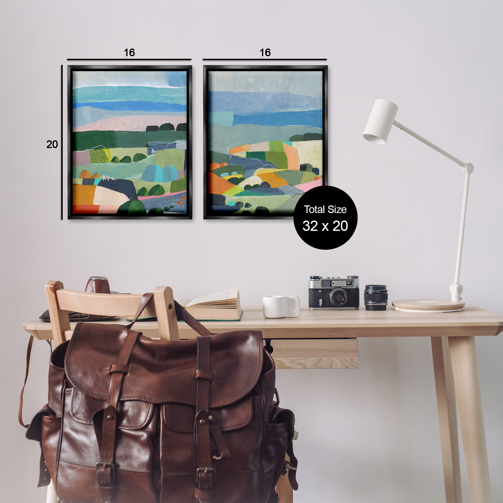 Stupell Industries Modern Farmland & River Landscape Painting Black Floater Framed Canvas Art Print Wall Art, 17 x 21, Set of 2
