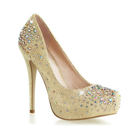 Womens Stunning Gold Glitter Pumps 6'' High Heel Dress Shoes with Rhinestones