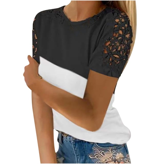 yoeyez T-Shirts pour Femmes en Dentelle à Manches Courtes Raglan Hauts Décontractés à Col Rond Chandail Mode T-Shirt Uni à Motif Floral Tenues d'Été 2025 Noir 4TG