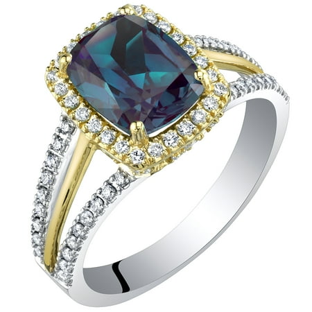 Alexandrite Lab - 14K Gold Created Alexandrite and Lab Grown Diamond Two-Tone Ring 3.19 carats total Cushion Cut