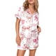 thumbnail image 2 of Conjunto de dos piezas Tsseiatte para mujer, con camisa abotonada de manga corta y pantalones cortos con estampado de lazo, ropa de dormir, 2 of 6