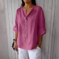 thumbnail image 2 of Summer Akafmk 3/4 Sleeve Shirts for Women,Summer Womens Button Up Top,Solid Color V-neck Three Quarter Sleeve Loose Cotton and Linen Top with Decorative Buttons, 2 of 5
