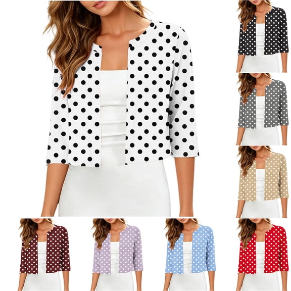 Brqkzdu Women's Thin Shrugs 3/4 Sleeve Polka Dot Lightweight Open Front Cardigan for Dress Loose Comfy Summer Cropped Tops
