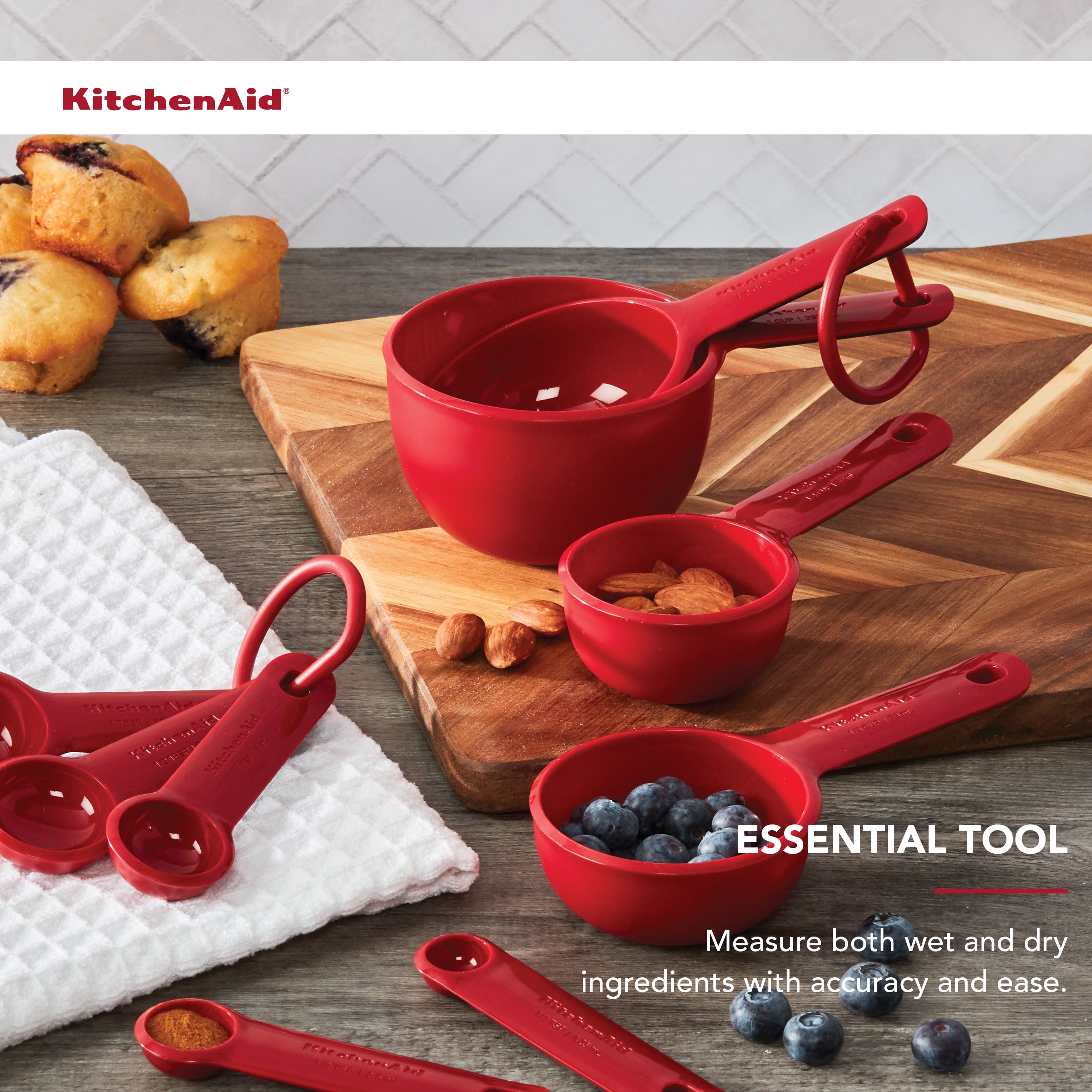 KitchenAid 9-Piece Plastic Measuring Cups and Spoons Set, Kitchen Utensil Set, Red