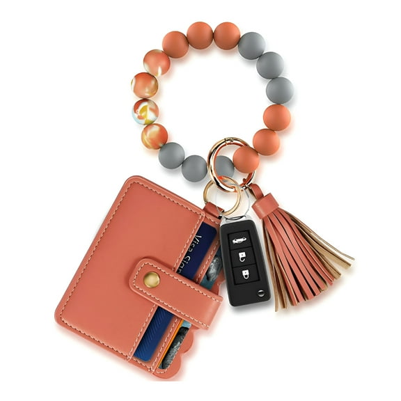 DESIGNICE Women Keychain Bracelet Wristlet with Card Wallet Silicone Beaded Key Ring Bracelet Elastic Keyring Bangle Orange-Silicone Bracelet