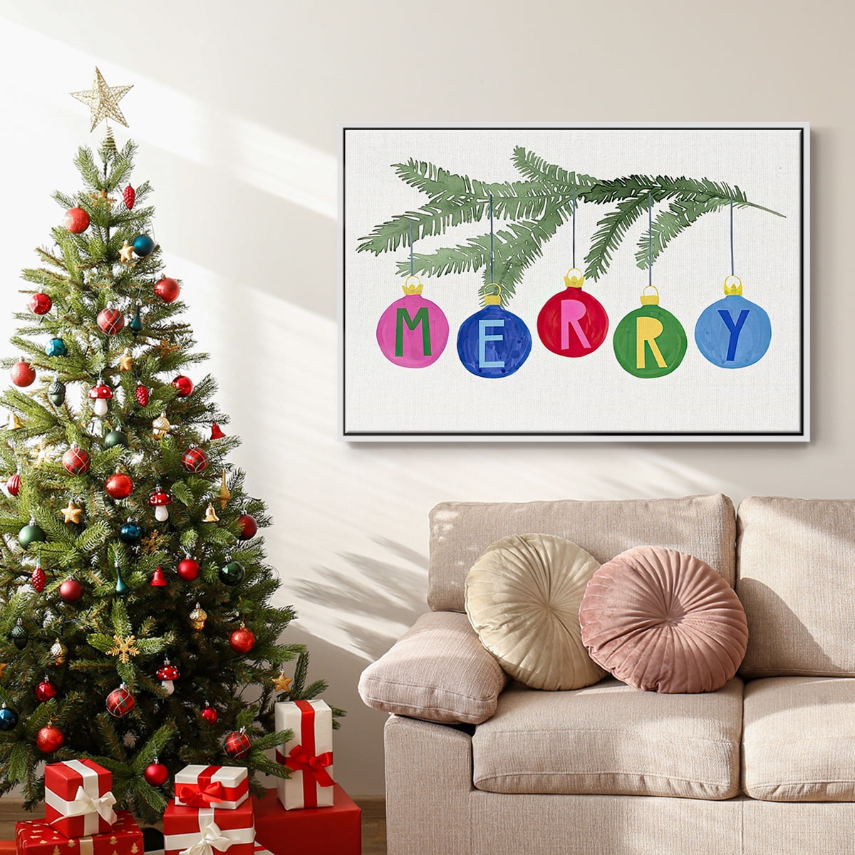 Colorful Christmas Collection A - Framed Gallery Wrapped Holiday Canvas - 27 x 41 - White Frame