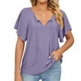 thumbnail image 2 of JGGSPWM Women's Relaxed Lovely Short Sleeve V Neck Solid Blouses Ruffle Sleeve Drawsting Hollow Lace Basic Summer Tops Purple L, 2 of 8