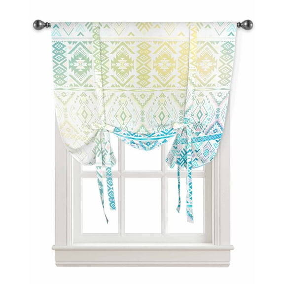 Yellow Teal Blue Southwestern Tie Up Curtains for Kitchen Bathroom Bedroom Windows 45 Inch Length, Modern Geometric Abstract Art Balloon Drape Curtains Shade Rod Pocket Drapery Curtain Panel, 34"x45"