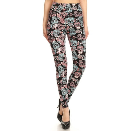Women's Regular Black Sugar Skull Pattern Printed Leggings