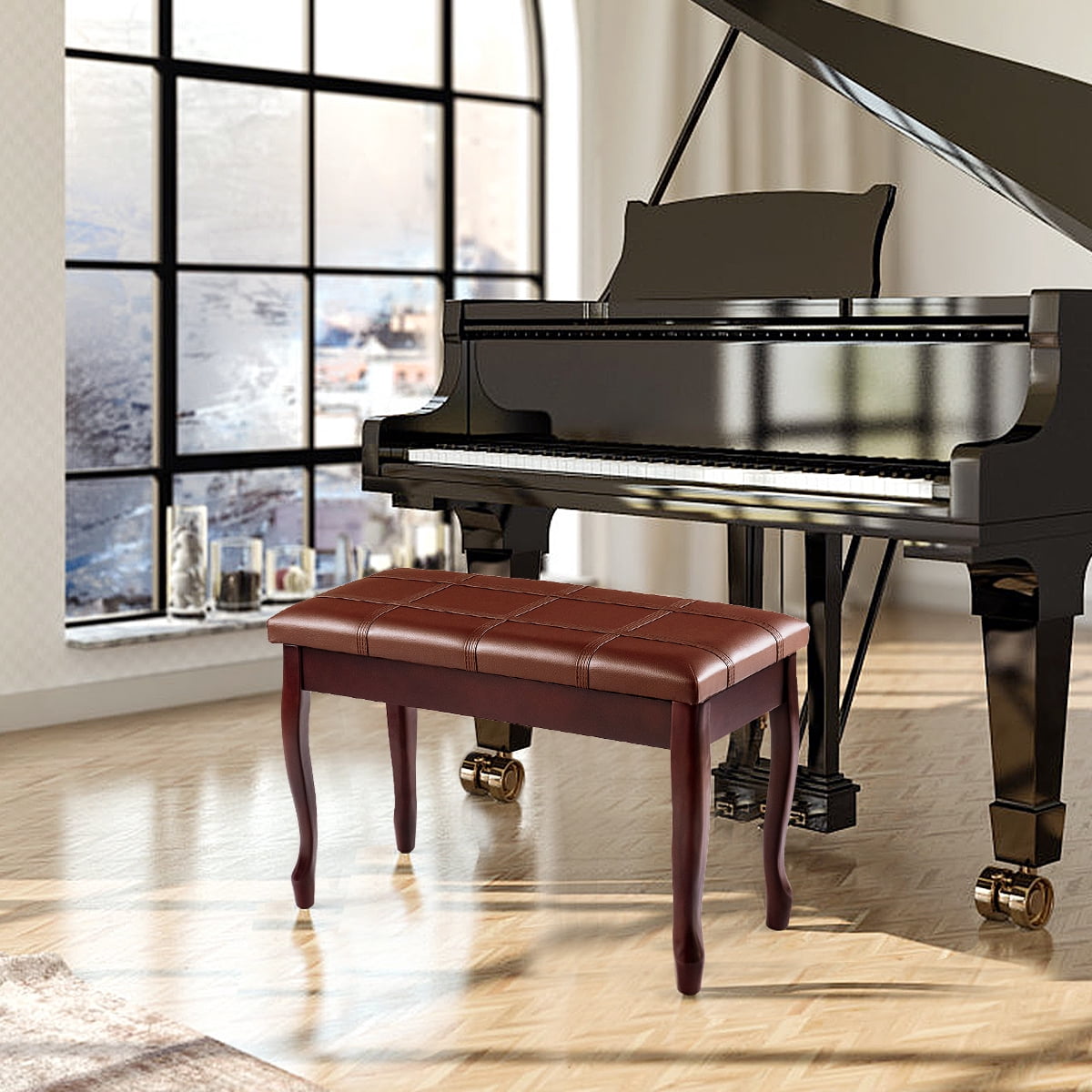 Topbuy Piano Bench Wood Padded Double Duet Keyboard Seat w/ Storage Box Brown