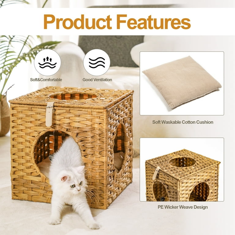 Hand Woven Rattan Cat House Wicker Cat Bed for Indoor Cats