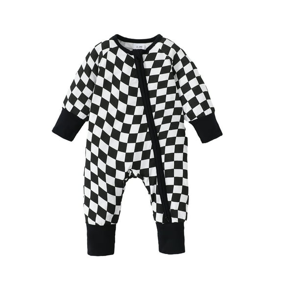 KIMI BEAR Newborn Baby Boys Romper Round Neck Long Sleeves Bodysuits Checkerboard Print Plaid Print One-piece Black 9-12 Months