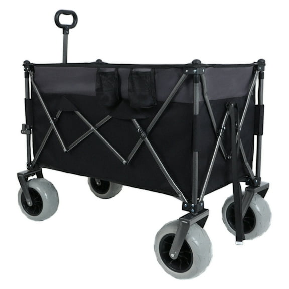 9" XL Heavy-Duty Folding Wagon Cart - 480lbs Capacity, All-Terrain Balloon Wheels Conquer Sand & Rough Terrain, Brakes, Pockets, Cup Holders, Black/Gray, Steel Frame, 600D Oxford, Camping & Outdoor G