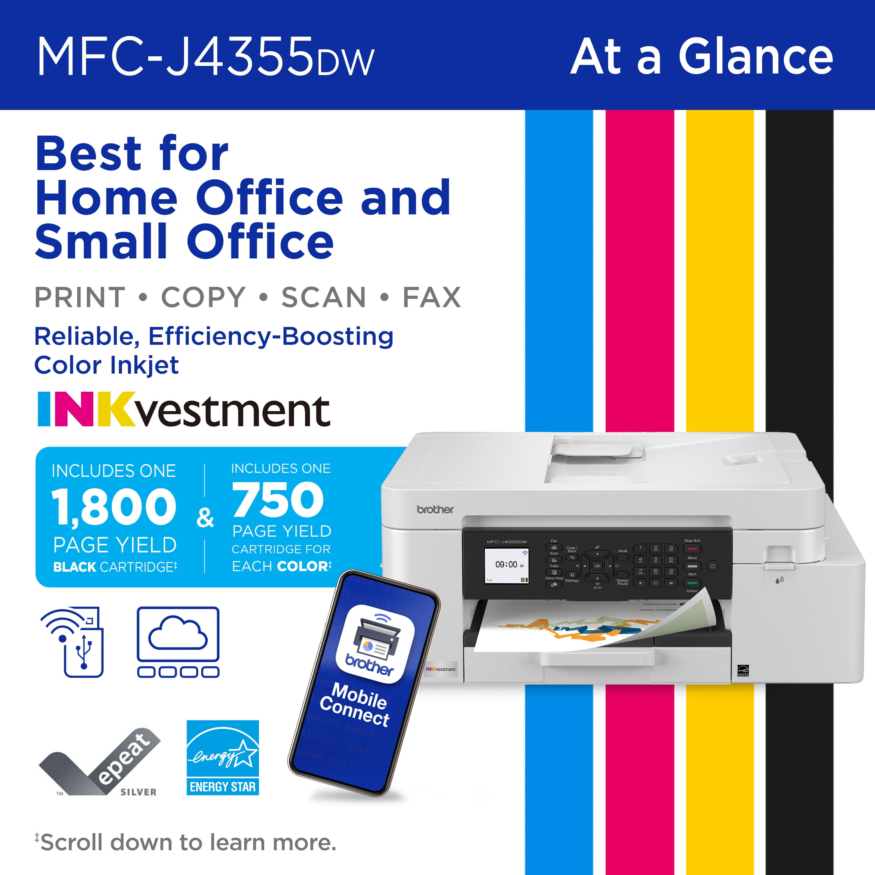Brother INKvestment 4355 MFC-J4355DW Wireless Color Inkjet All-in-One Printer with 1.8” Color Display and Manual Feed Slot