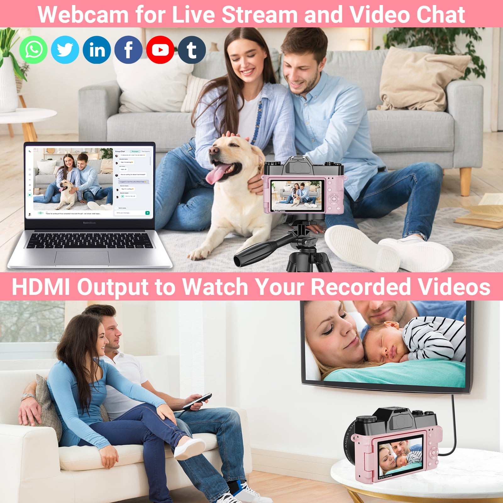 Saneen Digital Camera 6K 64MP Wifi Vlogging Cameras for YouTube 3''180° Flip Screen 16X Zoom 32GB SD Card 52mm Lens Pink