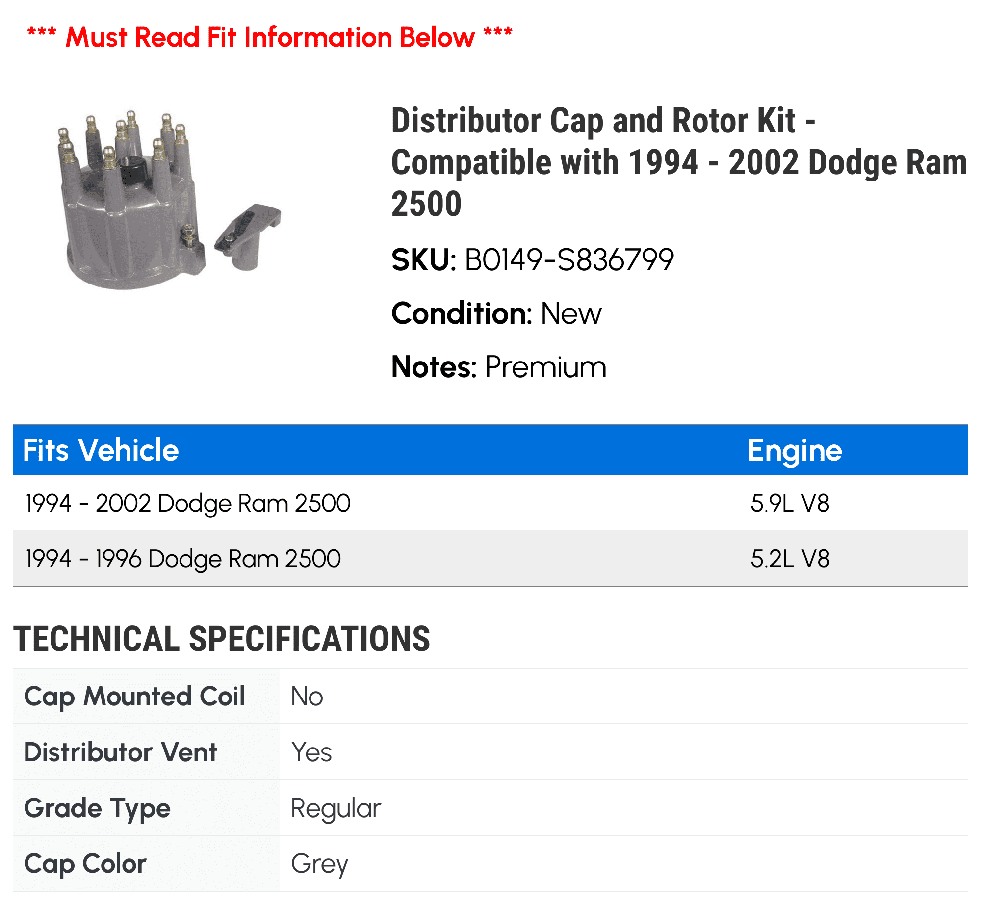 Distributor Cap and Rotor Kit - Compatible with 1994 - 2002 Dodge Ram 2500 1995 1996 1997 1998 1999 2000 2001