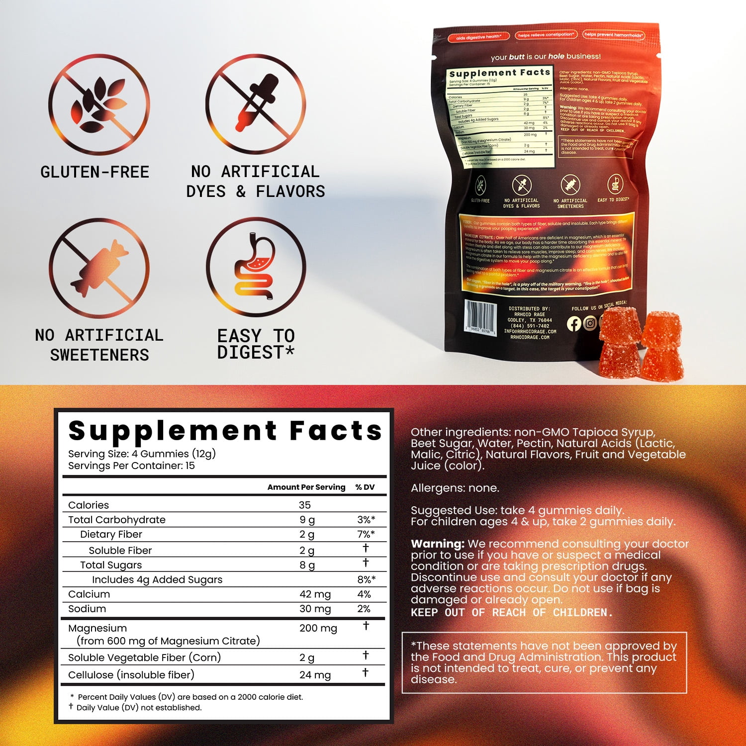Rrhoid Rage - Fiber & Magnesium Gummies for Digestive Health - Relieves Constipation, Prevents Hemorrhoids, Dual Fiber, A, 60 ct
