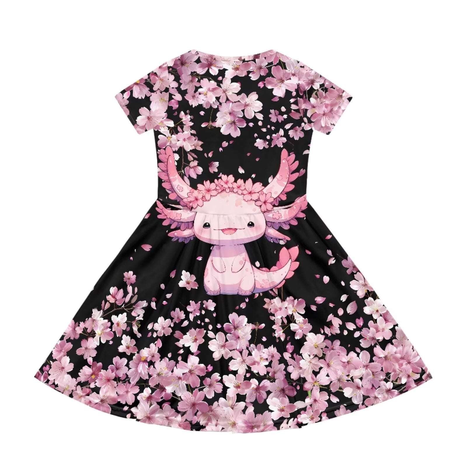 Uourmeti Axolotl Sundress 2-14Y Girls Cute Short Sleeve Swing Dress Cherry Blossom Summer Soft Round Neck Midi Fashion Party Wedding Dresses with Pocket